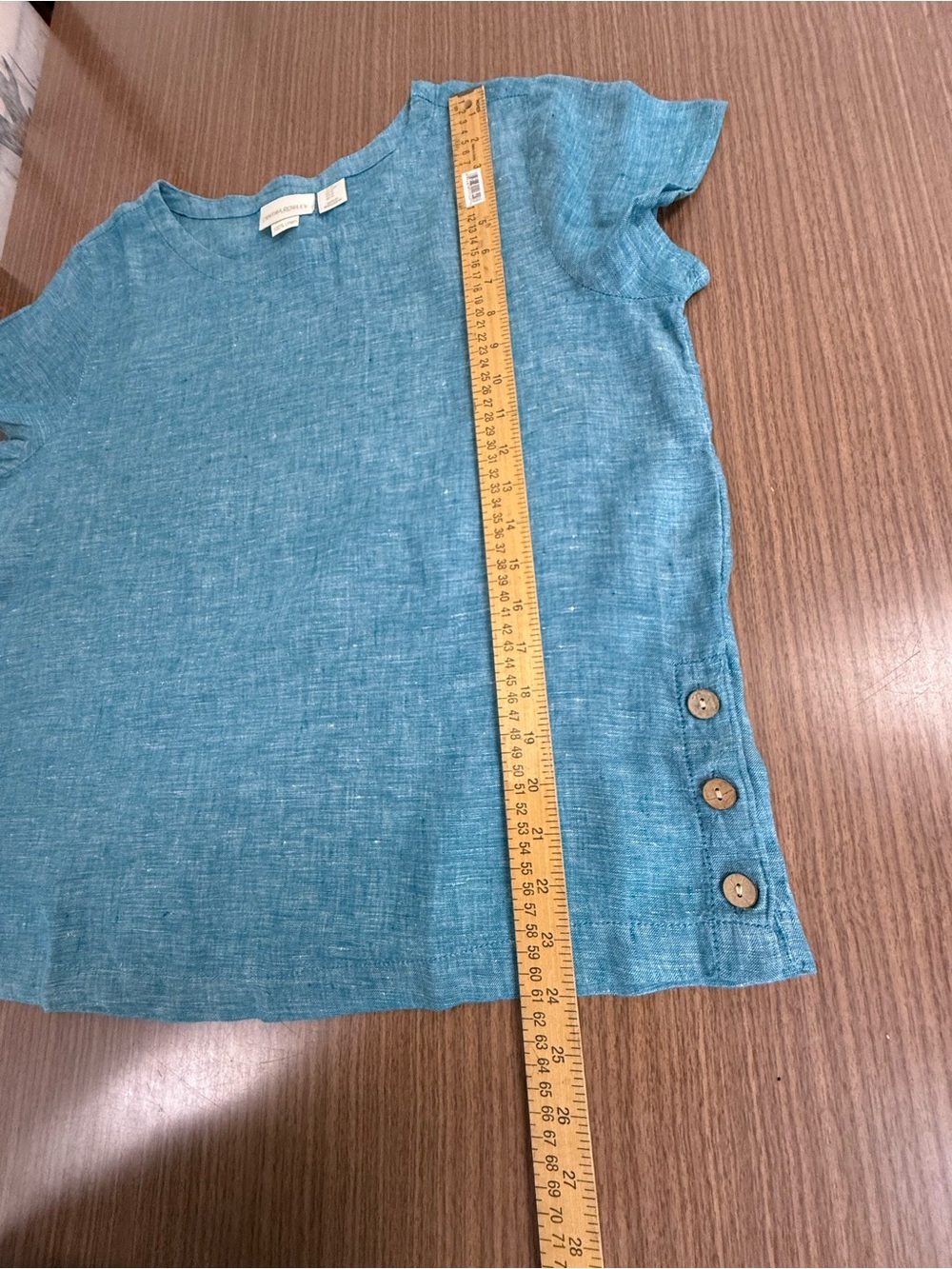 100% linen Cynthia Rowley Teal Blue Linen Short Sleeve Button-Side Top - Picture 7 of 7